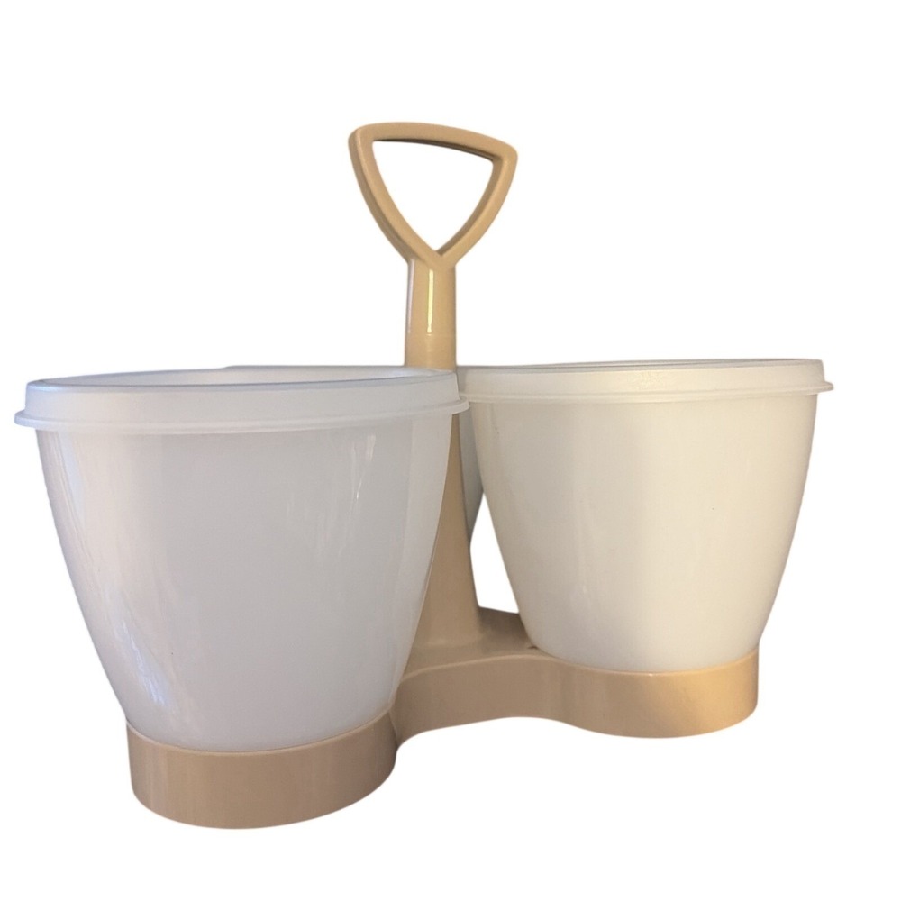 Tupperware Condiment Server Caddy Unisex OS Tan White Vintage 3 Bowl Set 757 758